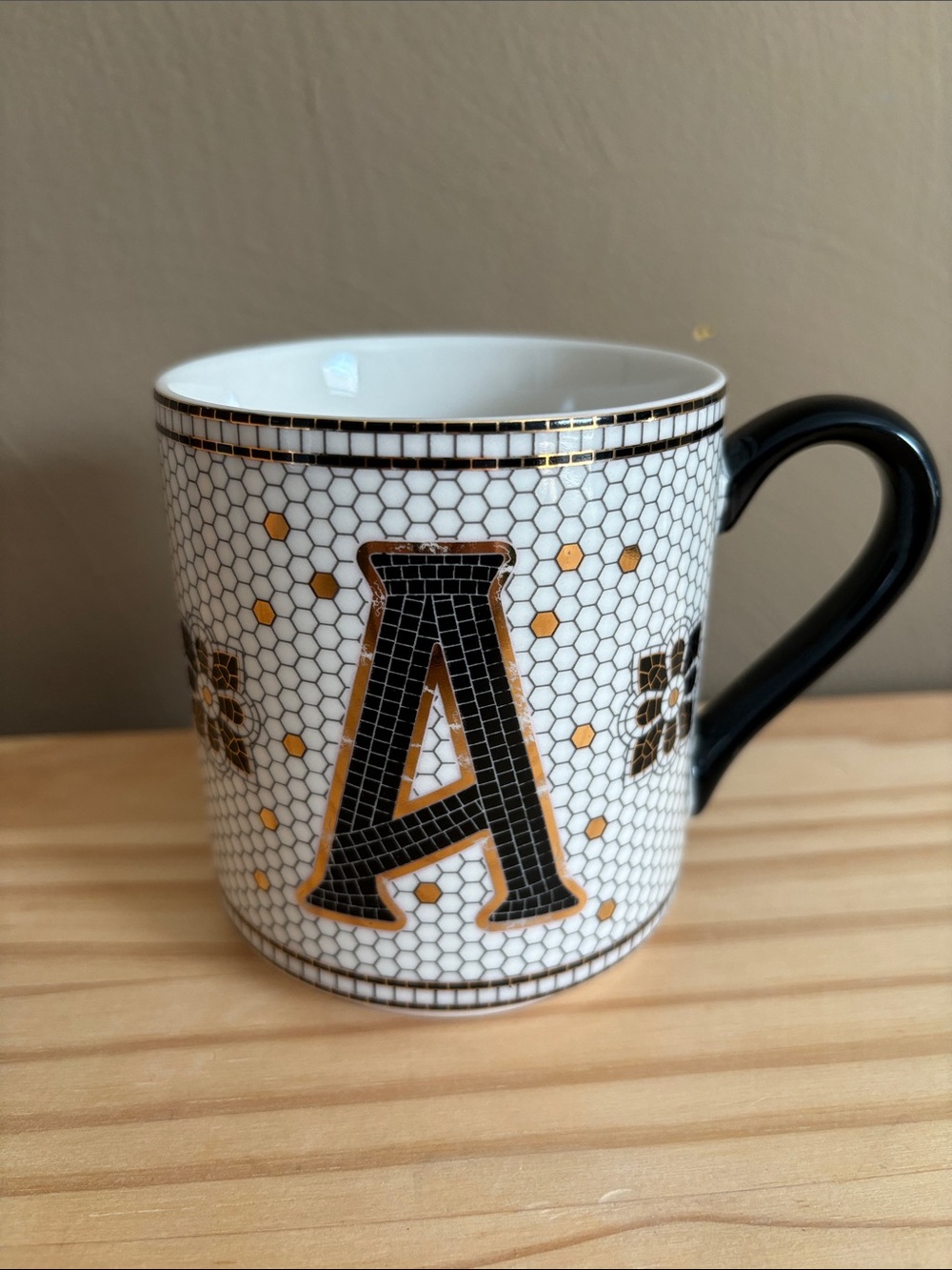 Anthropologie Monogram bistro tile  'A' Ceramic Accent Mug in Black and Gold